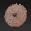 Ancient Round Shield Weapon with Red Surface Intricate White Decorative Patterns Metal Center Riveted Edge 3d model