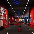 Tech Themed Indoor Playground With Blue Lighting Ceiling Stripes Gaming Gear Red Seats Checkerboard Walls