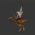 Winged Fantasy Character Riding Yellow Red Dinosaur Mount With Spear And Wings