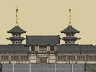 Ancient Traditional Architecture With Twin Pagodas Black Roofs And Golden Spires 3d model