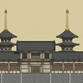 Ancient Traditional Architecture With Twin Pagodas Black Roofs And Golden Spires