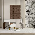 Elegant Single Sofa with Brown Geometric Patterned and Marble Walls Small Side Table and Lamp