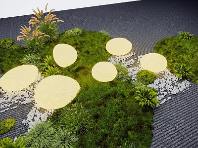 Round Yellow Outdoor Lights Illuminating Lawn Area with Green Plants and Stone Path 3d model