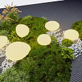 Round Yellow Outdoor Lights Illuminating Lawn Area with Green Plants and Stone Path