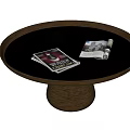 Modern Round Coffee Table With Dark Top Cylindrical Base And Magazines 3d model