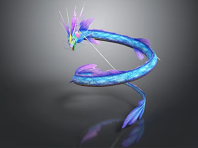 Mythical Blue And Purple Dragon With Curved Body Feathered Details And Reflection 3d model