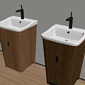Two Modern Wooden Vanity Washbasins With White Countertop And Silver Faucet In Bathroom