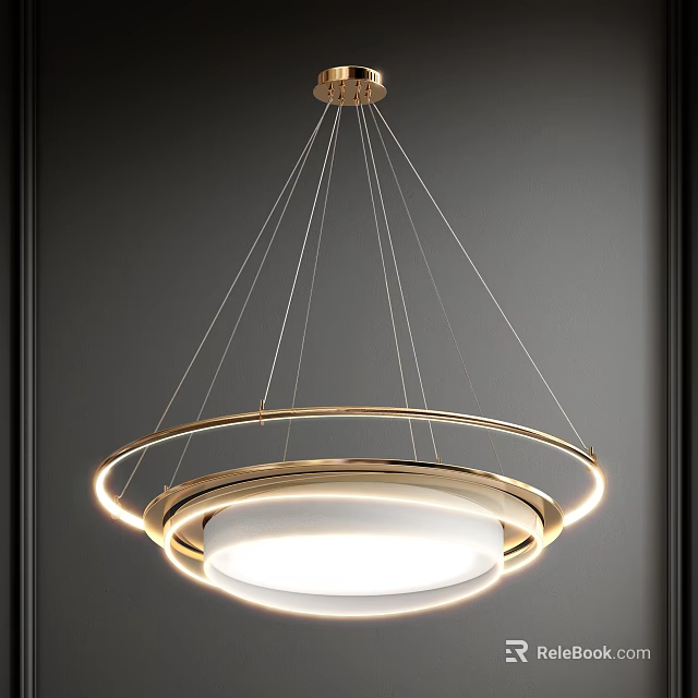 Modern Golden Circular Chandelier With Illuminated Ring Design And Hanging Wires 3d model 