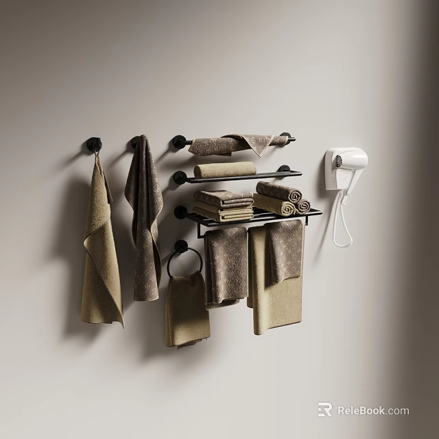 Neutral Toned Towels Arranged On Wall Mounted Racks And Hooks 3d model 
