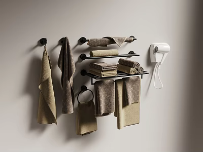 Neutral Toned Towels Arranged On Wall Mounted Racks And Hooks 3d model