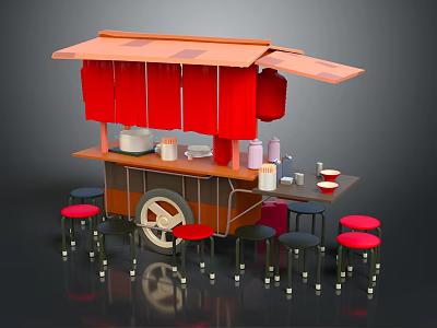 Food Cart With Orange Canopy Red Curtains Countertop Items And Stools Around 3d model