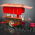 Food Cart With Orange Canopy Red Curtains Countertop Items And Stools Around