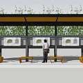 Garden Landscape Design With Covered Structure Display Boards Yellow Benches And Green Plants