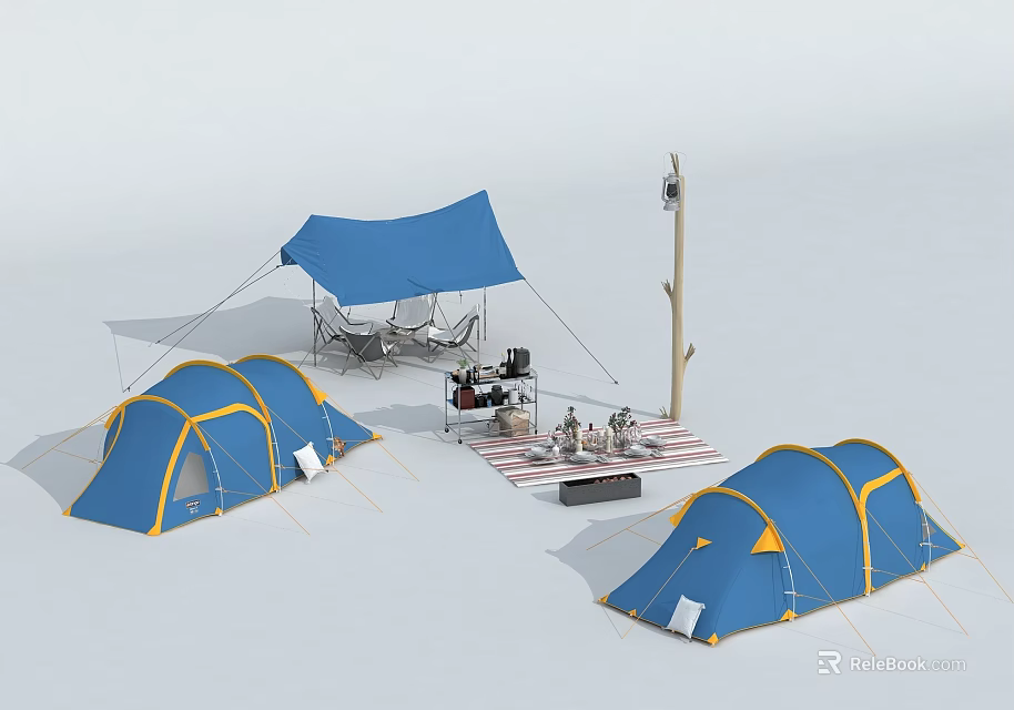 Three Blue Yellow Tents Camping Site Setup With Canopy And Outdoor Gear 3d model 
