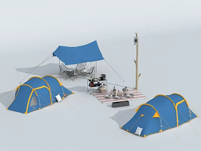 Three Blue Yellow Tents Camping Site Setup With Canopy And Outdoor Gear 3d model