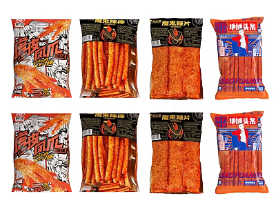 Assorted Spicy Strips Snacks With Colorful Packaging And Different Flavors 3d model