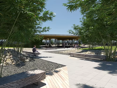 Scenic Park Landscape With Bamboo Trees Pavilion Stone Benches Pathway And People Resting 3d model
