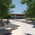 Scenic Park Landscape With Bamboo Trees Pavilion Stone Benches Pathway And People Resting