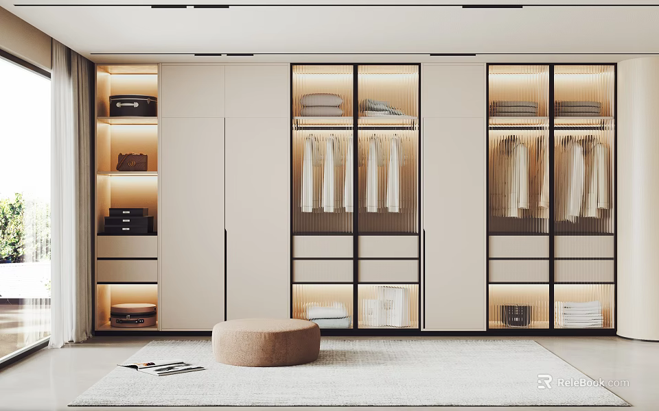 Modern Wardrobe Interior Design With Glass Doors Built-in Shelves Hanging Rods And Storage Drawers 3d model 