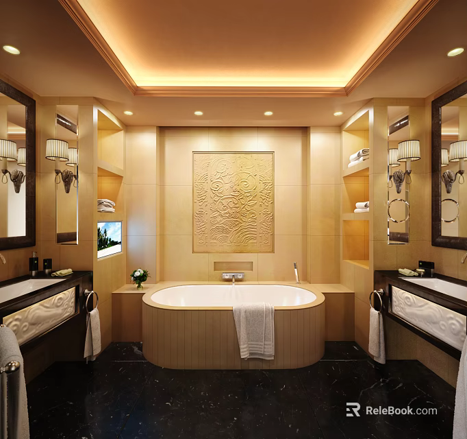 Luxurious Hotel Bathroom Featuring Central Bathtub Decorative Wall Double Vanities Wall Sconces And Warm Lighting 3d model 