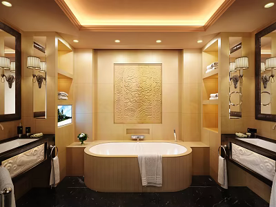 Luxurious Hotel Bathroom Featuring Central Bathtub Decorative Wall Double Vanities Wall Sconces And Warm Lighting 3d model