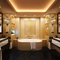 Luxurious Hotel Bathroom Featuring Central Bathtub Decorative Wall Double Vanities Wall Sconces And Warm Lighting