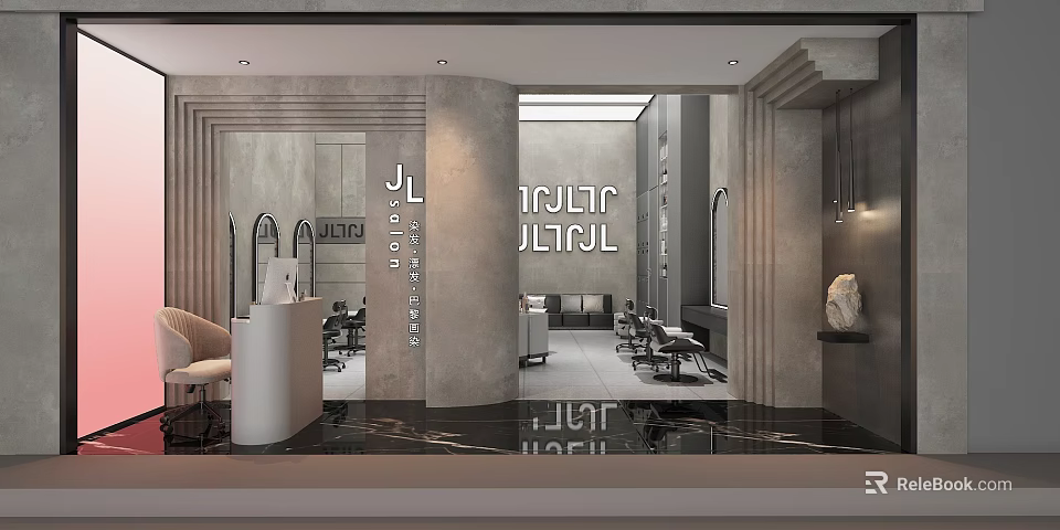 Modern Beauty Hair Salon Interior Design With Marble Floors Mirrors And Styling Chairs 3d model 