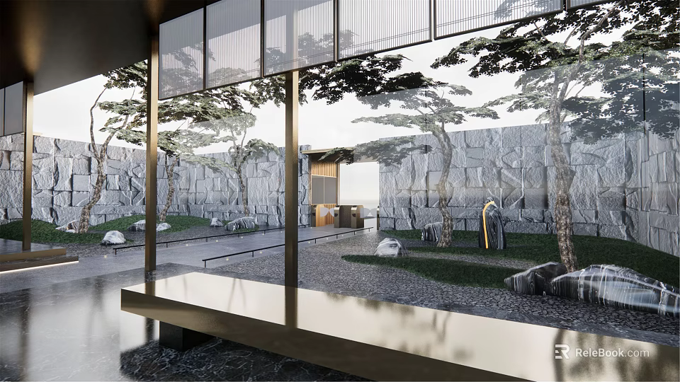 Garden Landscape Design Featuring Stone Walls Tall Trees Modern Bench And Gravel Ground 3d model 