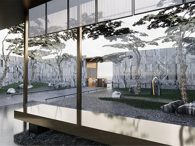 Garden Landscape Design Featuring Stone Walls Tall Trees Modern Bench And Gravel Ground 3d model
