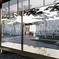 Garden Landscape Design Featuring Stone Walls Tall Trees Modern Bench And Gravel Ground