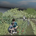 Family Tending Vegetable Garden With Green Plants And Trees On Sunny Day