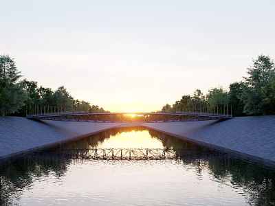 Scenic Landscape Bridge Over Calm Water With Sunset Reflection And Green Trees Under Twilight Sky 3d model