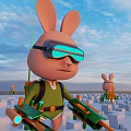 Rabbit Dolls Wearing Blue Glowing Goggles Green Outfits With Backpacks Holding Weapons In City Background