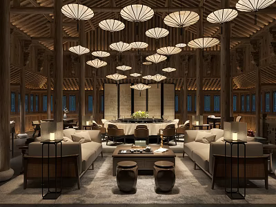 Elegant Private Room Interior With Wooden Structure Lantern Pendant Lights Sofas And Coffee Tables 3d model