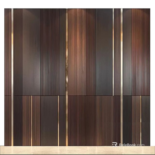 Modern Dark Wooden Wall Panels With Linear Striped Pattern and Gold Metal Accents 3d model 