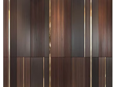 Modern Dark Wooden Wall Panels With Linear Striped Pattern and Gold Metal Accents 3d model