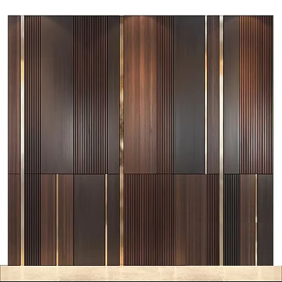 Modern Dark Wooden Wall Panels With Linear Striped Pattern and Gold Metal Accents 3d model