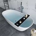 White Freestanding Bathtub In Modern Bathroom With Marble Wall Wooden Stool And Toiletries