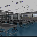 Modern Laboratory Interior With Blue Flooring Glass Partitions White Cabinets And Long Tables
