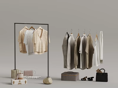 Modern Clothing Display With Hangers Light Colored Tops Various Shirts And Accessories 3d model