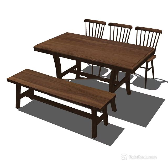 Simple Wooden Dining Table Set With Three Chairs And Long Bench 3d model