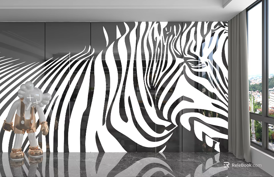 Modern Interior Black And White Zebra Pattern Wall Paneling Design With Natural Light 3d model 