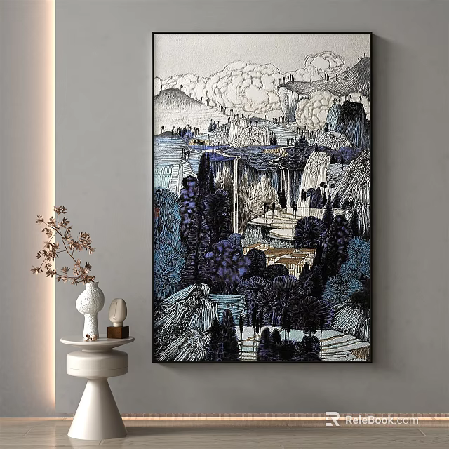 Interior Wall Art Decorative Landscape Painting With Trees Waterfall And Side Table Decor 3d model