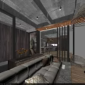 Modern Industrial Living Dining Room Interior With Wooden Wall Sofa And Hanging Light