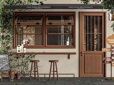 Cozy Fast Food Restaurant Facade Featuring Wooden Windows Door Green Plants Stools and Blackboard Menu 3d model