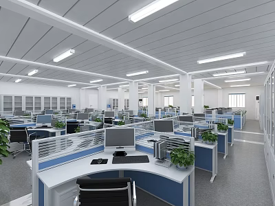 Public Office Space With Open Layout Workstations Computers And Green Plants 3d model