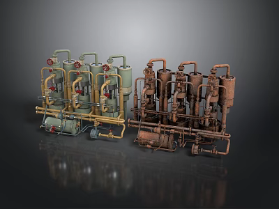 Industrial Processing Equipment With Green Brown Pipes Valves And Tanks 3d model