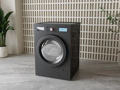 Black Front Loading Washing Machine in Modern Space with Lattice Wall and Green Plants 3d model