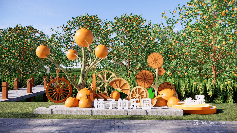 Orchard Themed Scenic Wall With Orange Ornaments Wooden Wheels And Lush Trees 3d model 