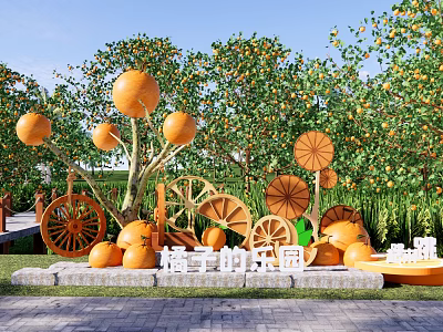 Orchard Themed Scenic Wall With Orange Ornaments Wooden Wheels And Lush Trees 3d model